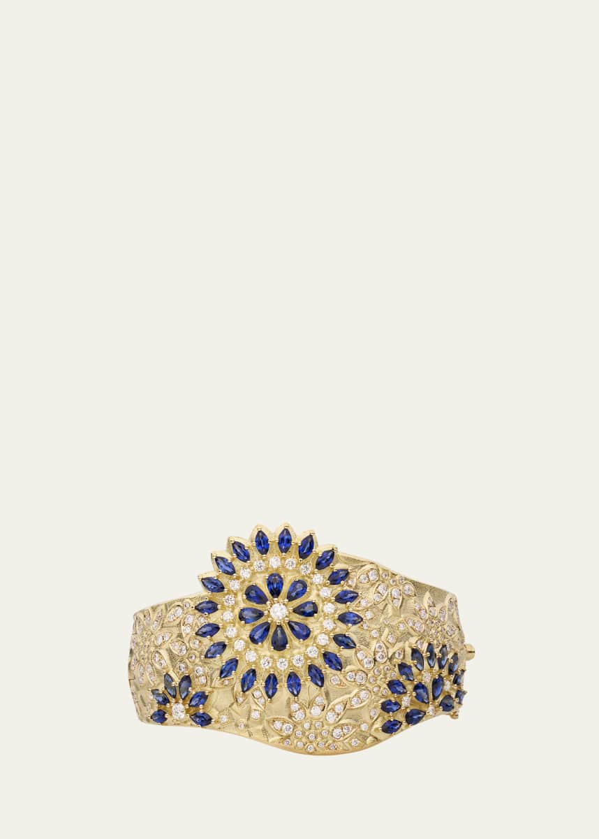Paul Morelli Applique Bombay Cuff in 18K Yellow Gold with Blue Sapphires and White Diamonds