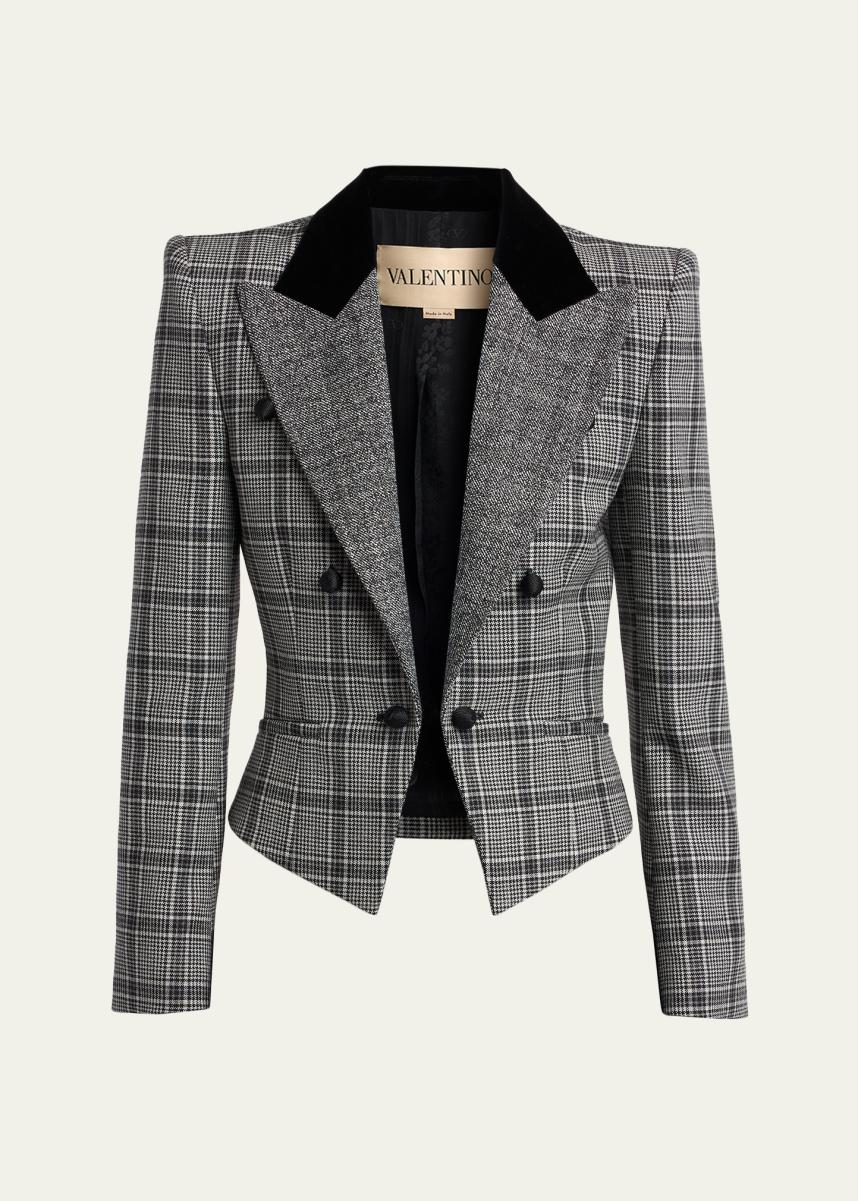 Valentino Garavani Velvet-Trim Check Double-Breasted Jacket