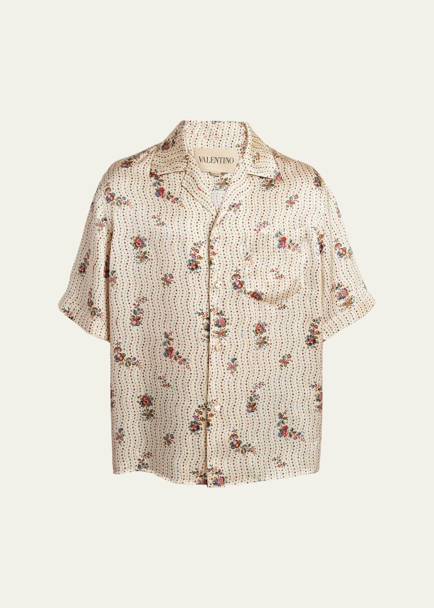 Valentino Garavani Men's Silk Papier Floral Boxy-Fit Bowling Shirt