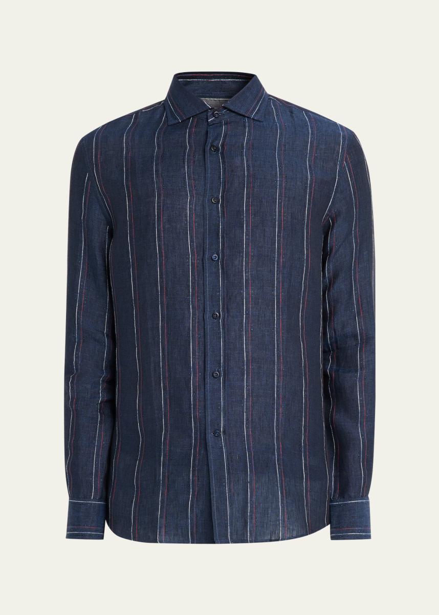 Brunello Cucinelli Men's Hairline Stripe Linen Button-Down Shirt