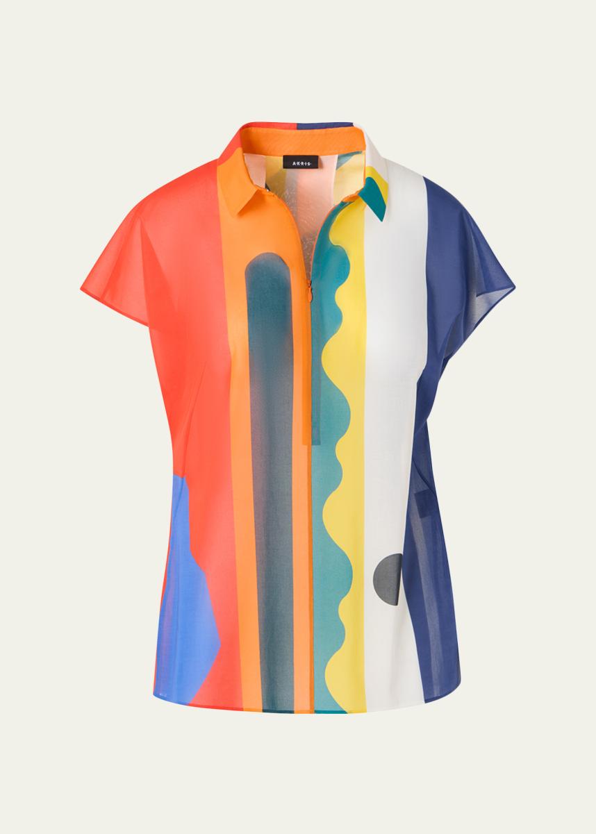 Akris Abstract-Print Cap-Sleeve Zipper Shirt - Bergdorf Goodman