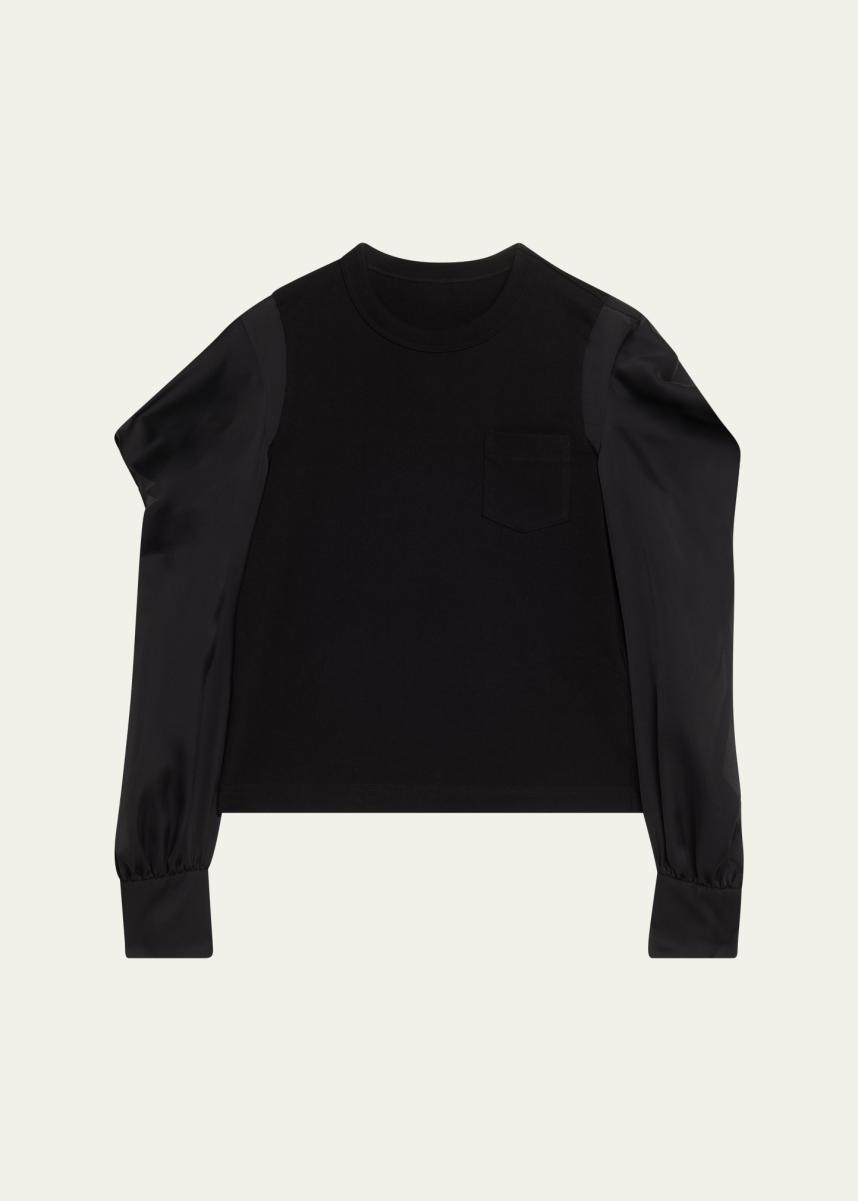 高倉　sacai レイヤードプルオーバーシャツ メンズ 黒 1 sacai Satin Ruffle Sleeve Cotton Jersey T-Shirt - Bergdorf Goodman