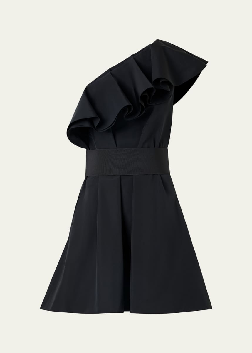one shoulder belted dress Aidan Mattox One Shoulder Floral Jacquard Belted Gown