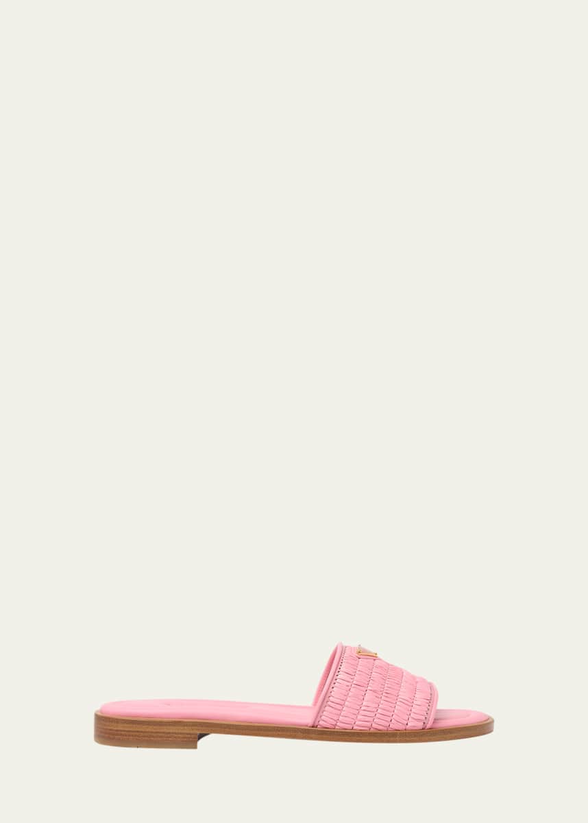 Prada Triangle Logo Raffia Flat Slide Sandals - Bergdorf Goodman