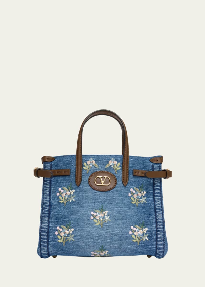 Valentino Garavani Antibes Small Floral-Embroidered Denim Tote Bag