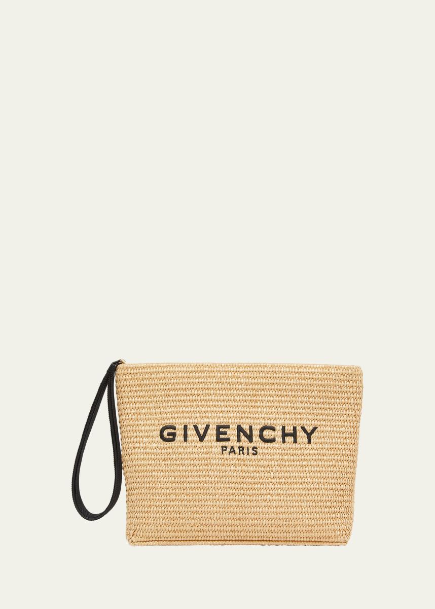 Logo-Embroidered Pouch Bag in Faux Raffia