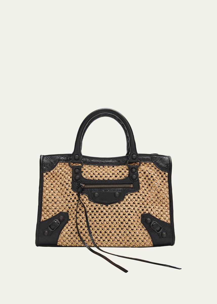 Le City Woven Leather-Trim Top-Handle Bag