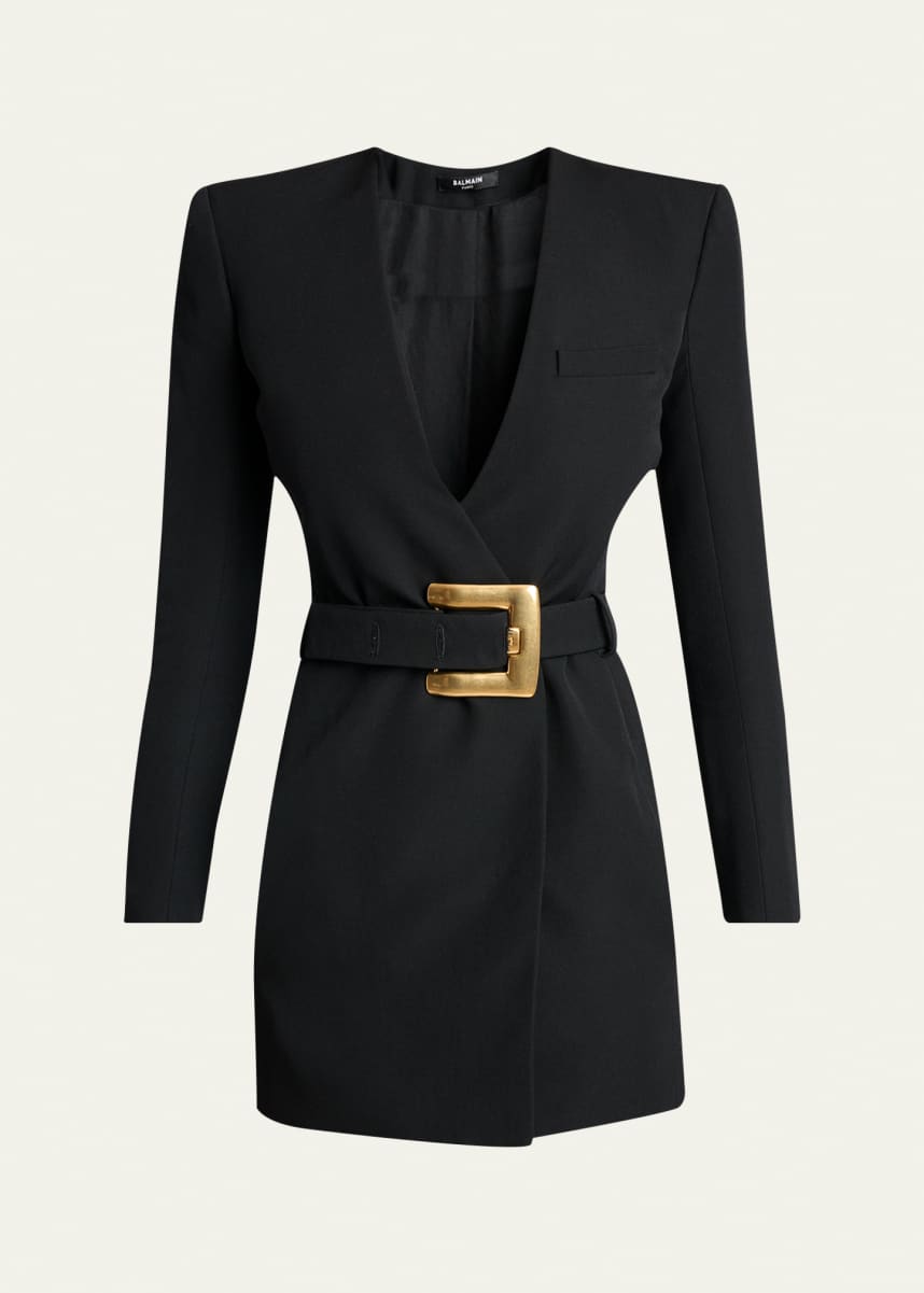 Balmain Belted Strong-Shoulder Long-Sleeve Mini Dress - Bergdorf Goodman