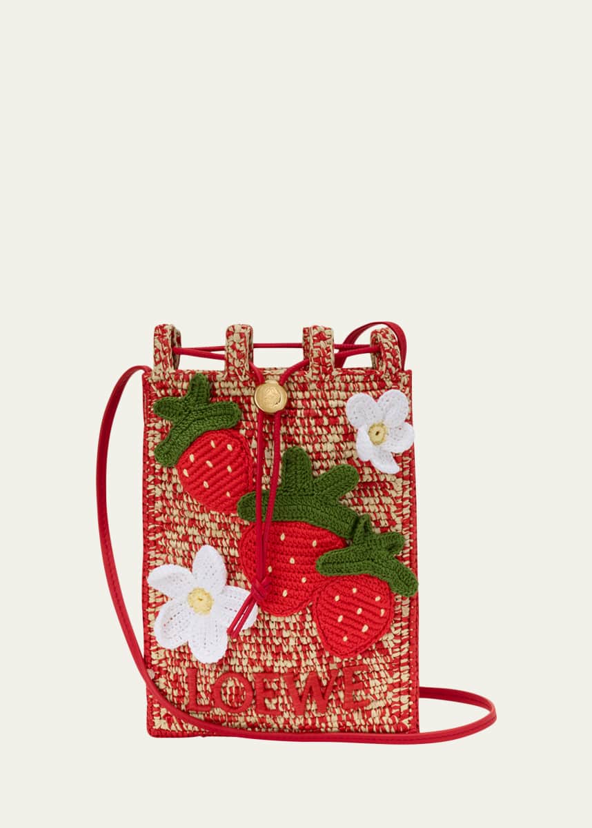 Loewe x Paula's Ibiza Strawberry Applique Raffia Pouch Bag