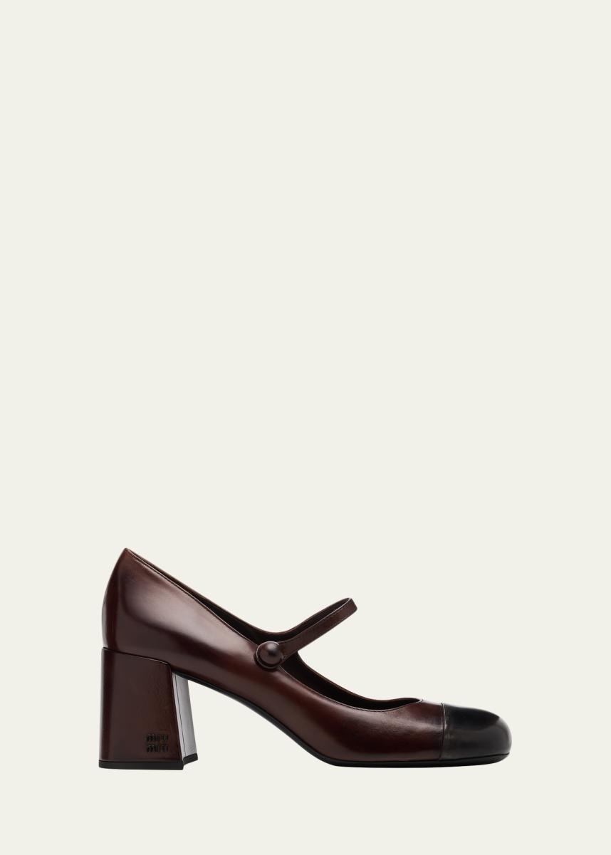 miu miu フラットシューズ　シャネル　プラダ　ディオール　トムブラウン Miu Miu 65mm Leather Cap-Toe Mary Jane Pumps - Bergdorf Goodman