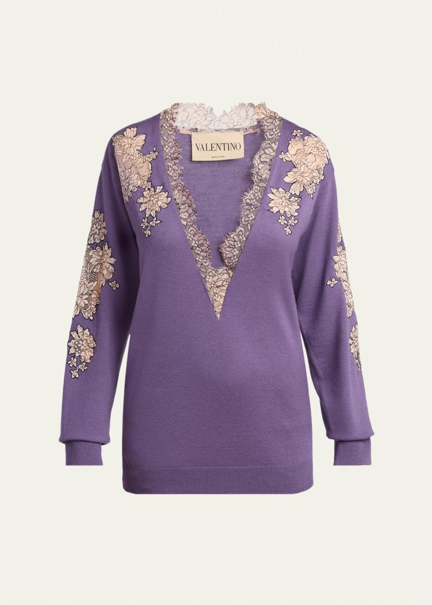 Valentino Garavani Lace-Inset Plunging Wool Sweater - Bergdorf Goodman