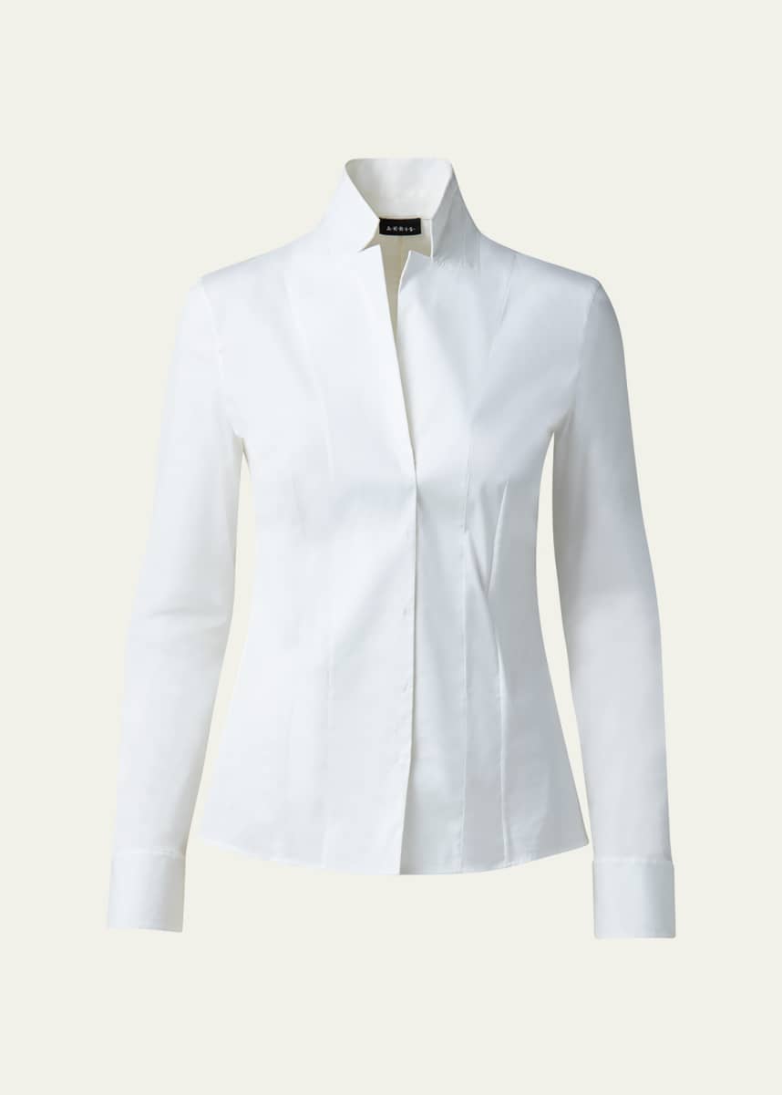 Akris Long-Sleeve Notched-Collar Poplin Blouse