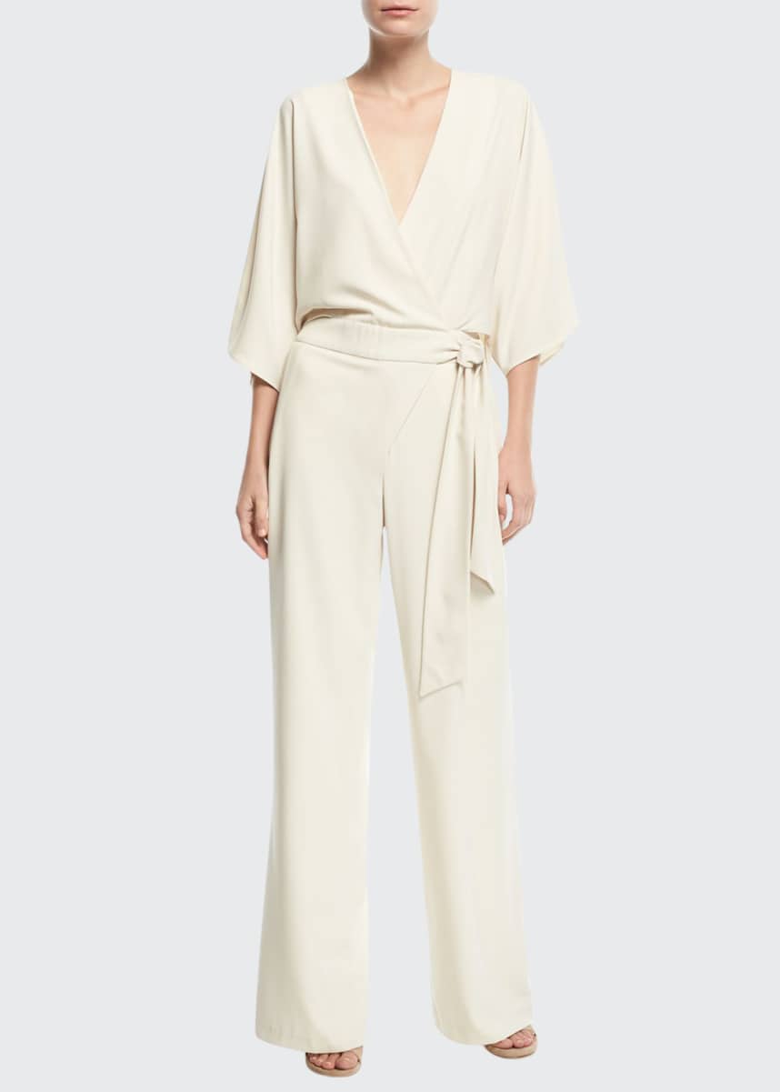 Halston Wide-Leg 3/4-Sleeve Wrap-Front Jumpsuit w/ Tie Waist