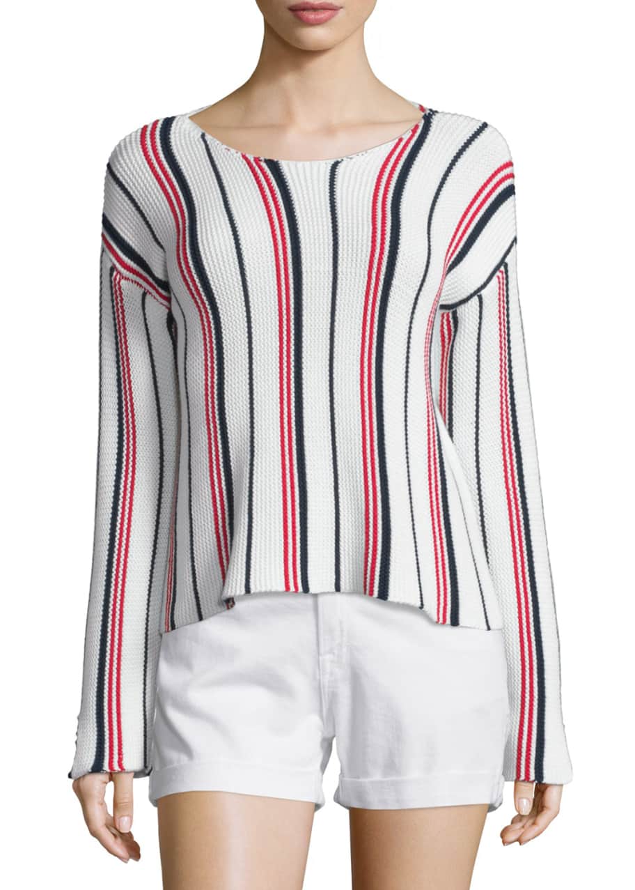 Image 1 of 1: Cropped Long-Sleeve Striped Top, Vertical Stripe