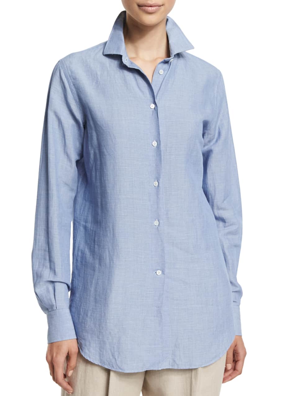 Image 1 of 1: Kara Button-Front Blouse, Azure Bleached