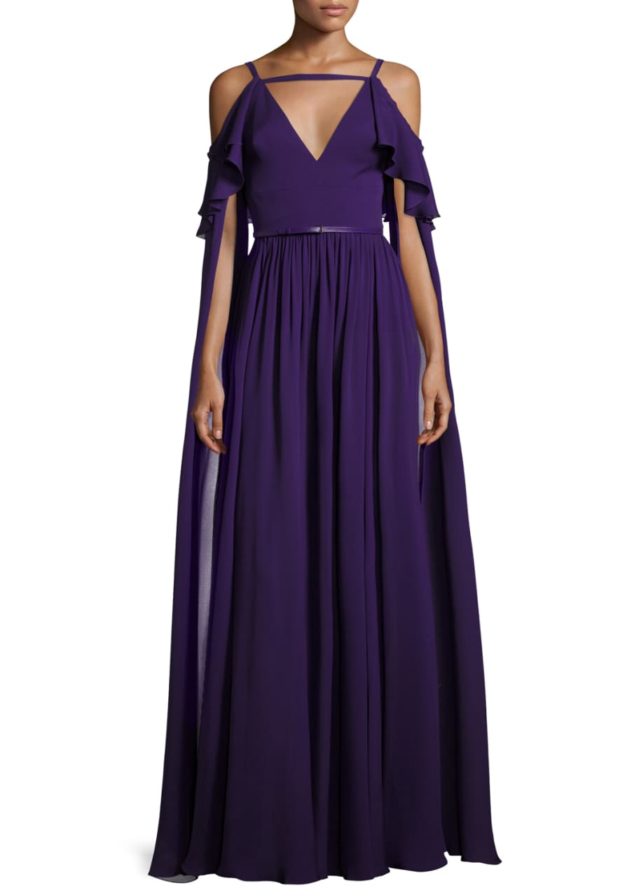 Elie Saab Long-Sleeve Cold-Shoulder Strappy Gown, Purple - Bergdorf Goodman