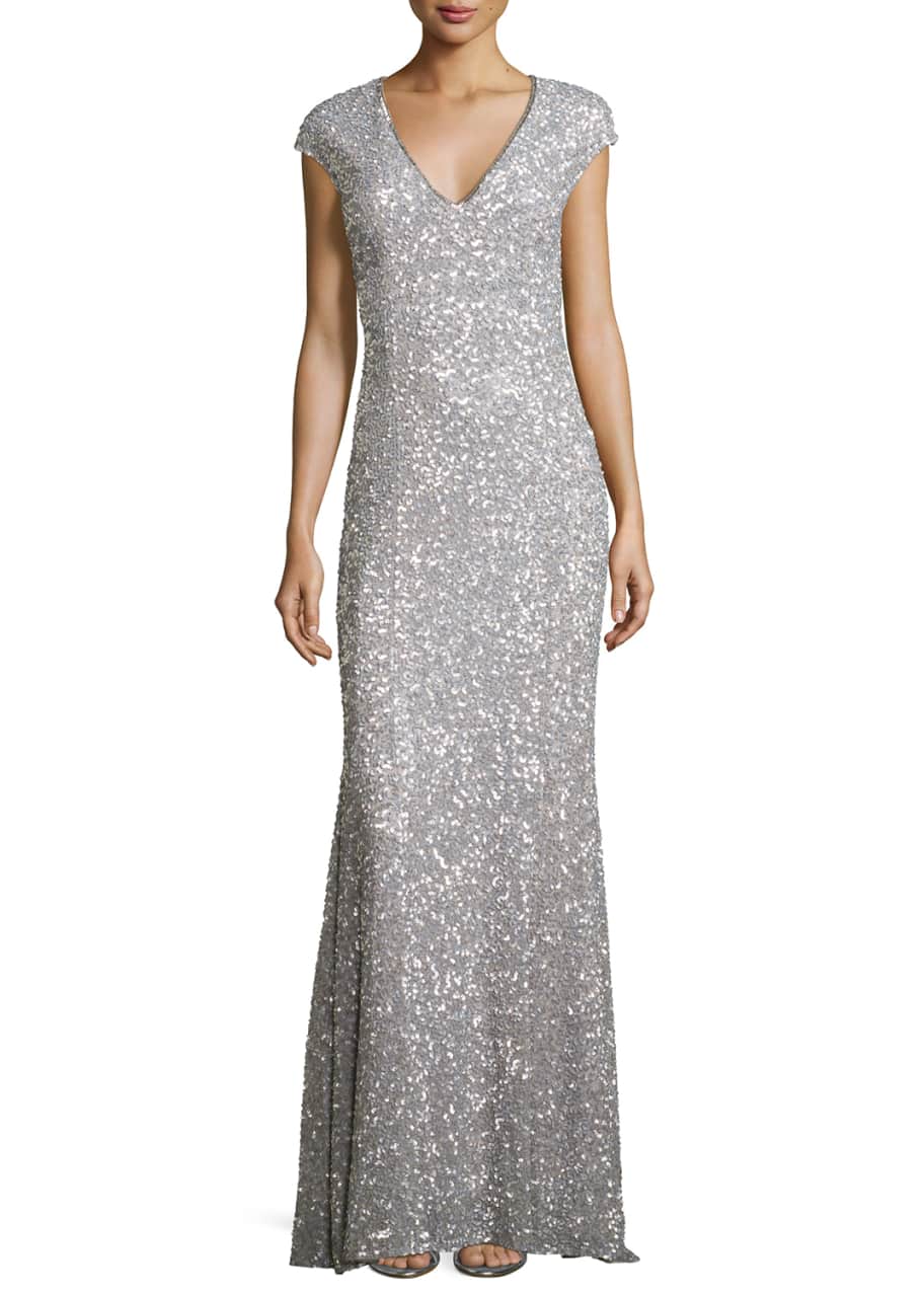 Rachel Gilbert Fleur Beaded Cap-Sleeve V-Neck Gown, Navy - Bergdorf Goodman