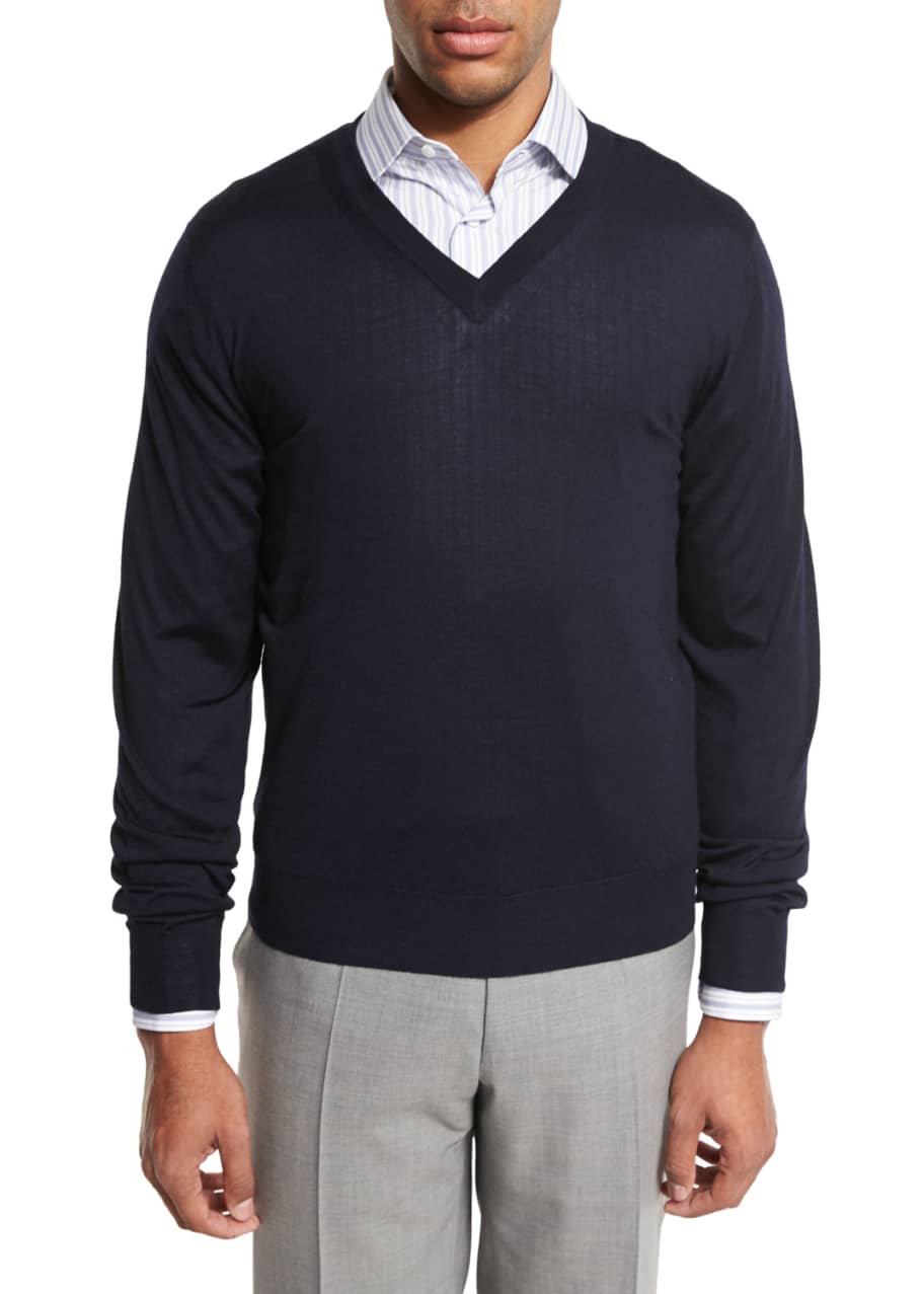 Brioni Essential Fine-Gauge V-Neck Sweater, Navy Blue - Bergdorf Goodman