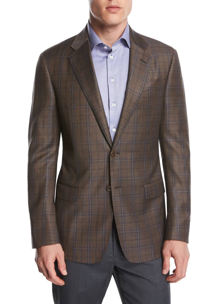 Image 1 of 1: Plaid Wool Two-Button Sport Coat, Light Rust Brown