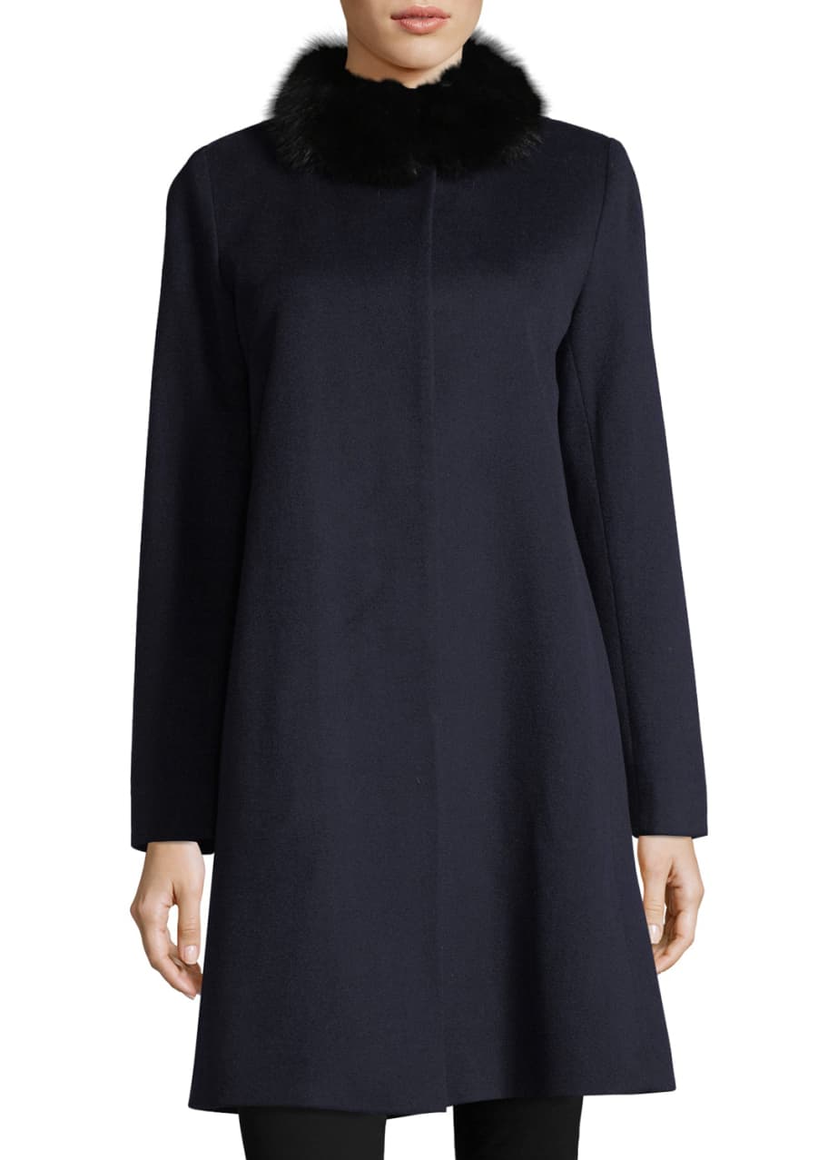 Image 1 of 1: Button-Front Fur-Trimmed Collar Wool Coat