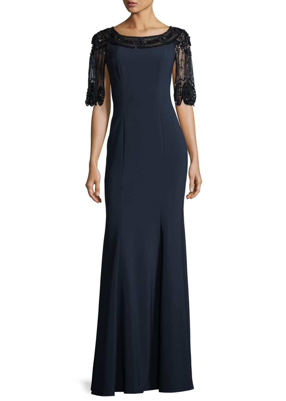 Image 1 of 1: Scallop Beaded Stretch-Crepe Evening Gown