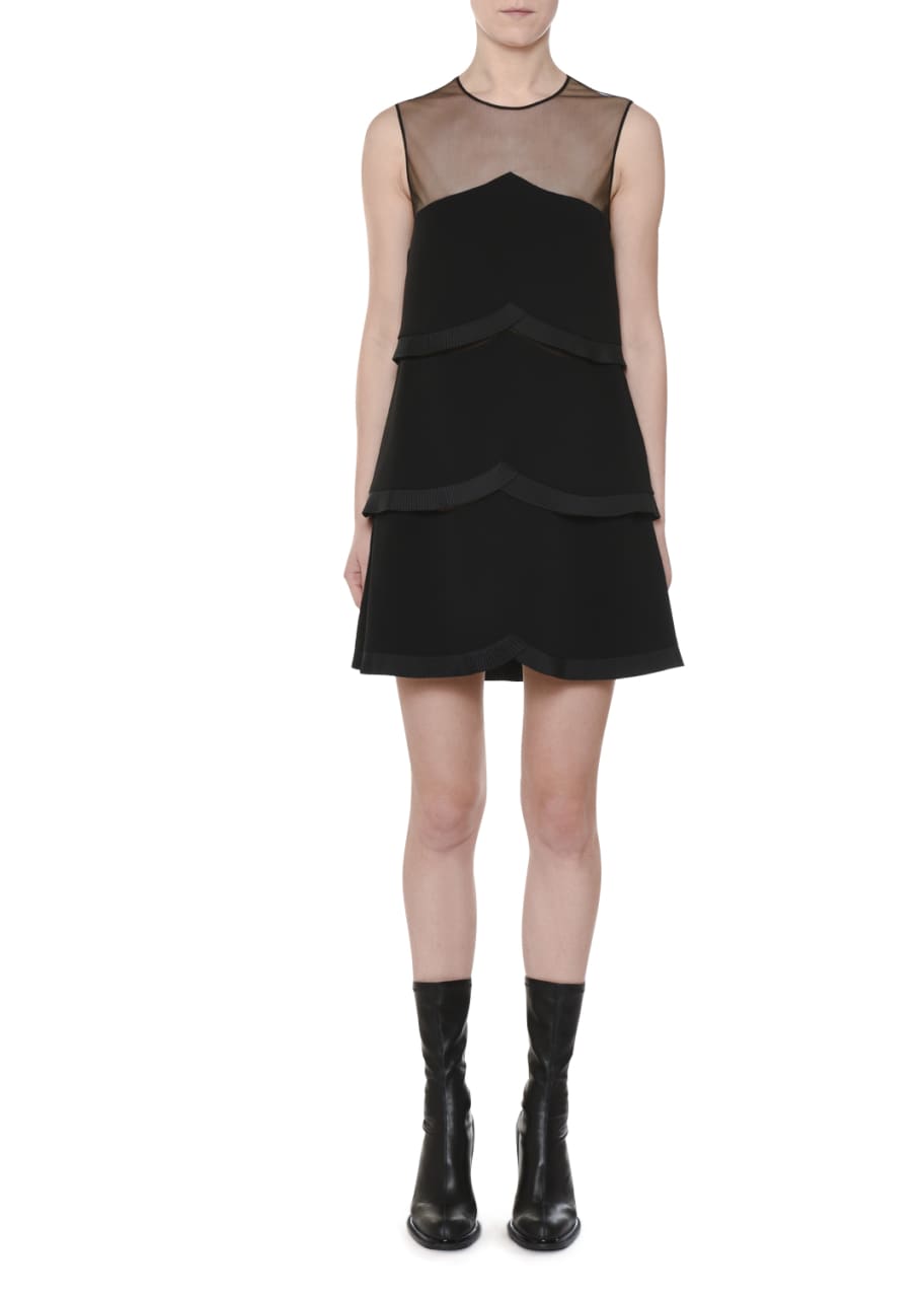 Image 1 of 1: Sleeveless Sheer-Yoke Tiered Pleated Mini Dress