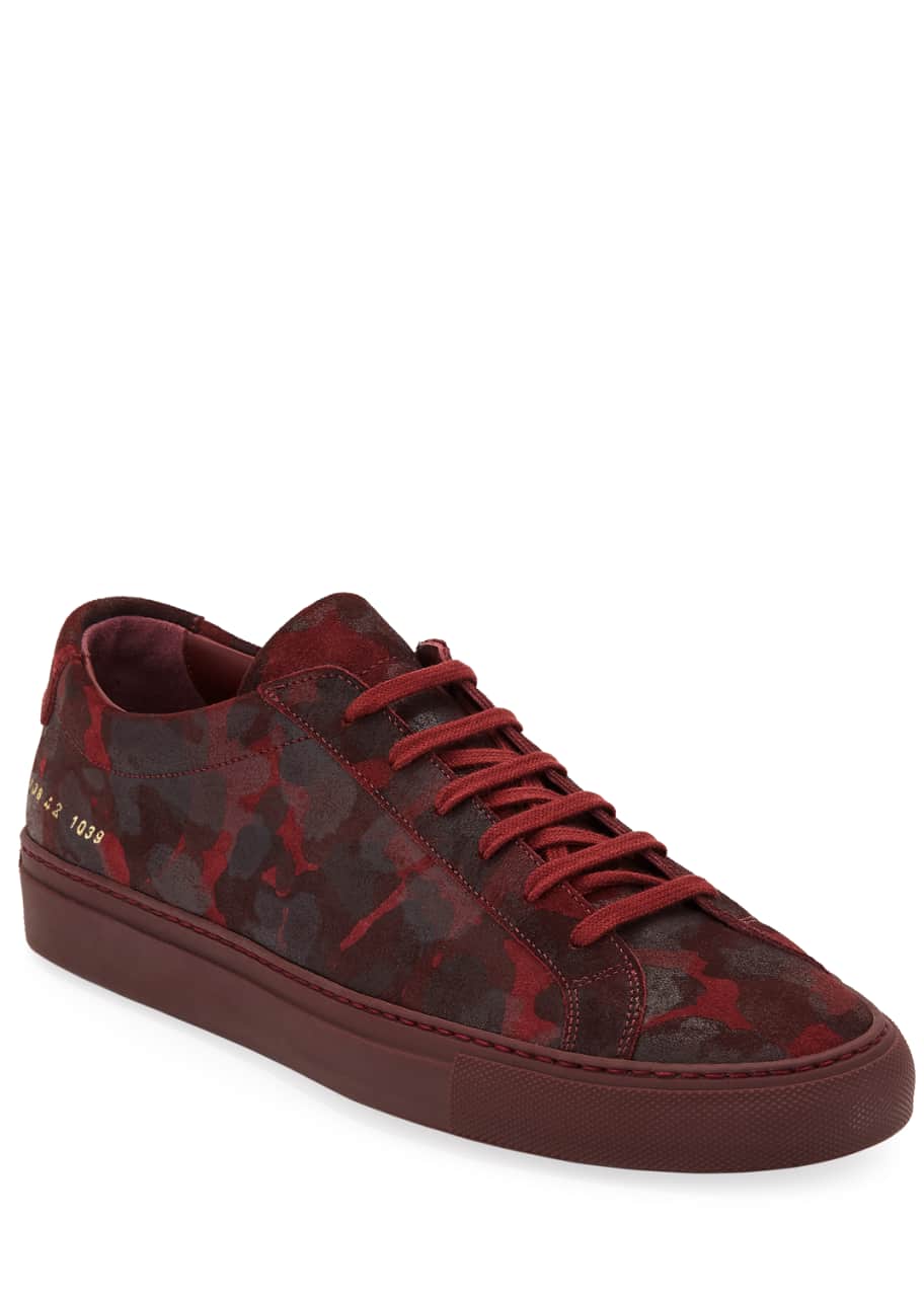Common Projects Men s Achilles Camo Suede Low Top Sneakers Red Bergdorf Goodman
