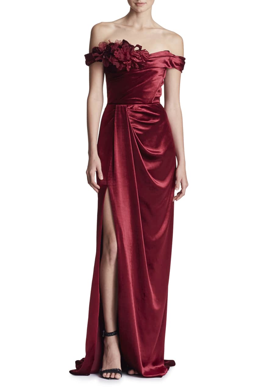 Marchesa Off-the-Shoulder Draped Velvet Column Evening Gown - Bergdorf  Goodman