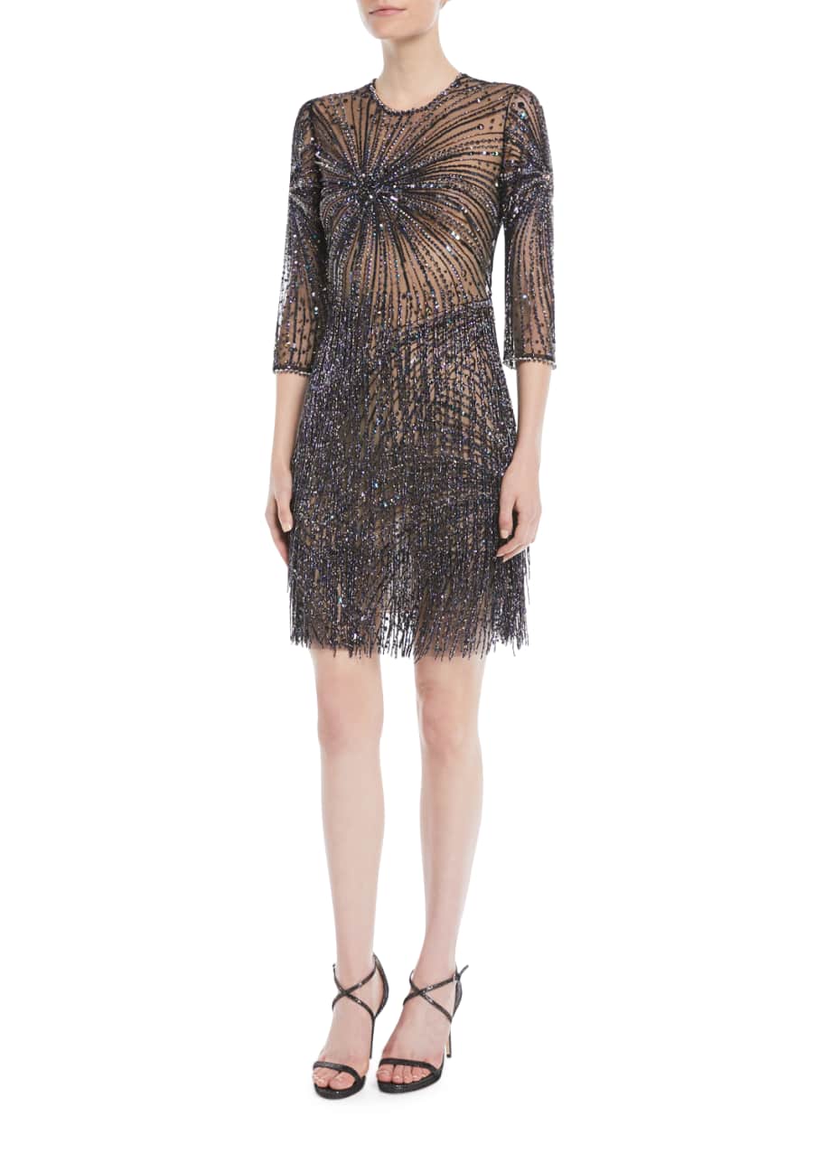 Image 1 of 1: 3/4-Sleeve Fringe-Embellished Cocktail Dress