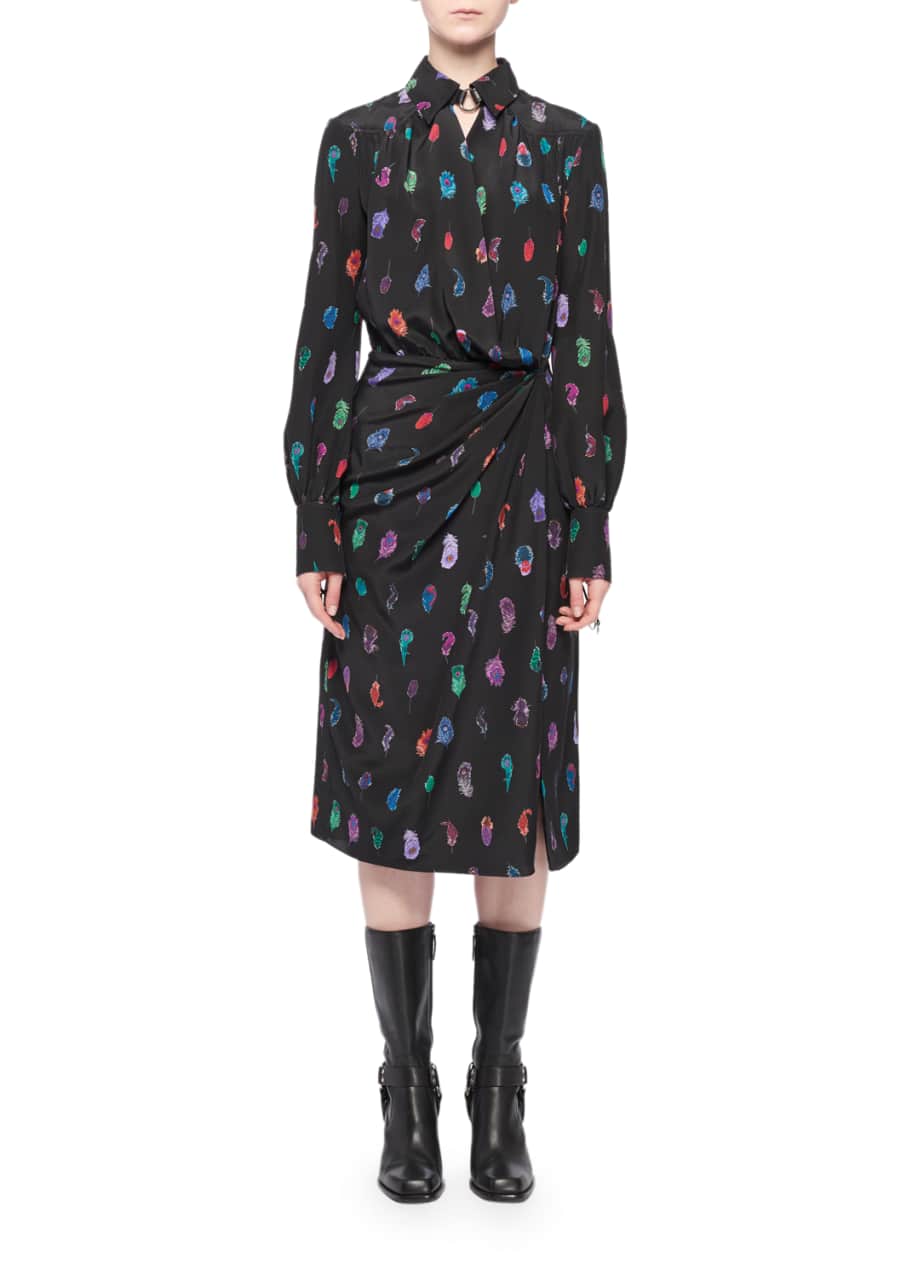 Image 1 of 1: Long-Sleeve Feather-Print Silk Collared Wrap Dress