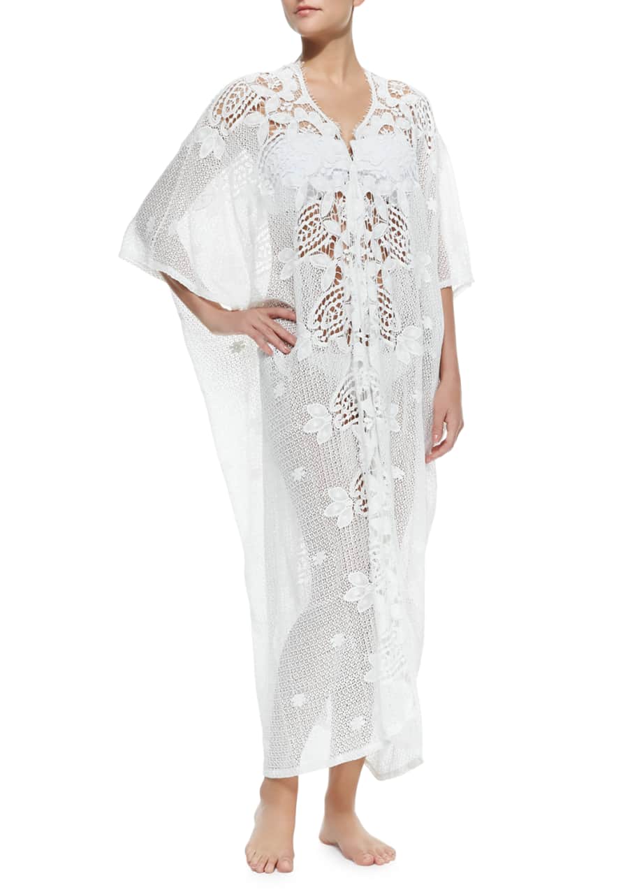 Image 1 of 1: Rachel Long Crochet-Panel Caftan, White