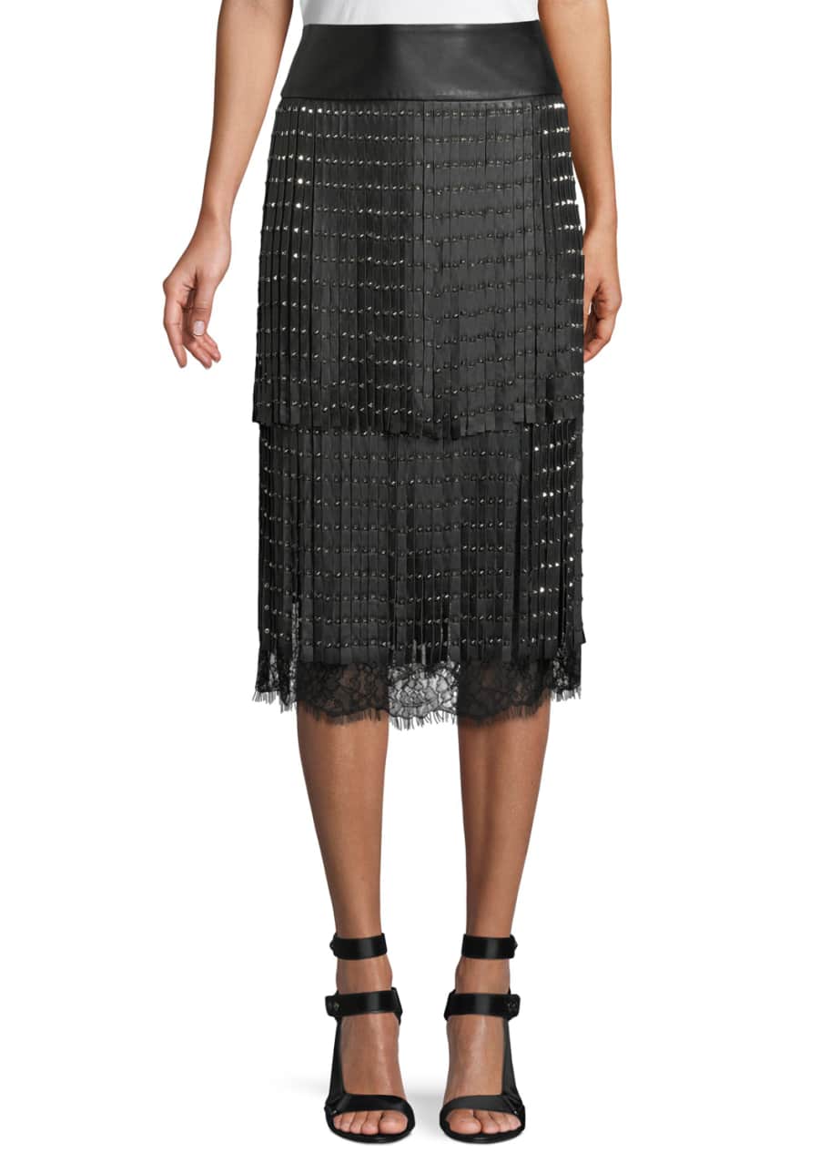 Alice and olivia leather fringe skirt best sale
