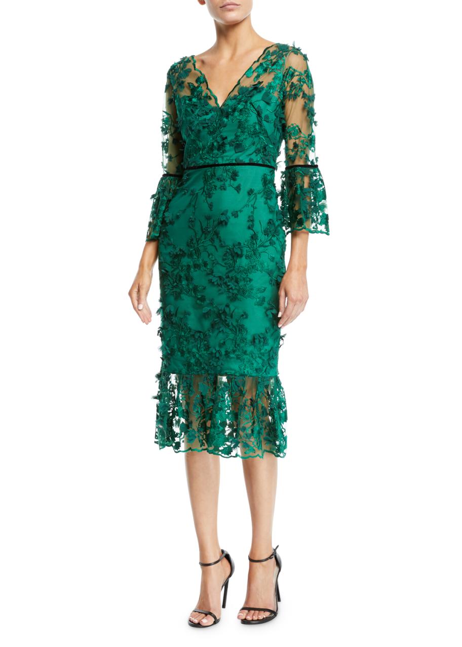 Marchesa Notte Bell-Sleeve Embroidered 3D Flower Dress
