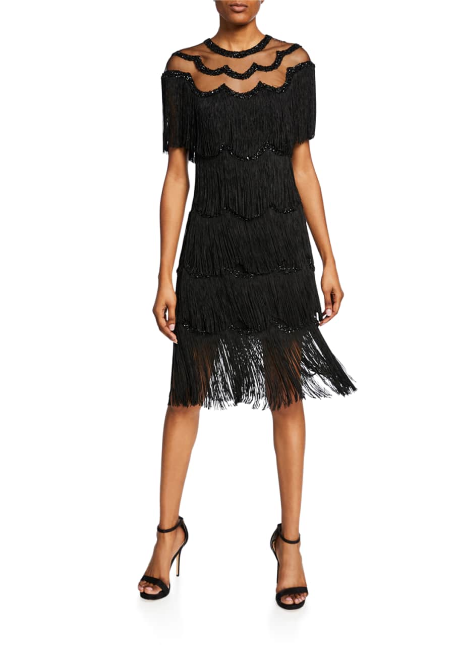 NK32 Naeem Khan Beaded Fringe Dress w/ Sheer Yoke Bergdorf Goodman