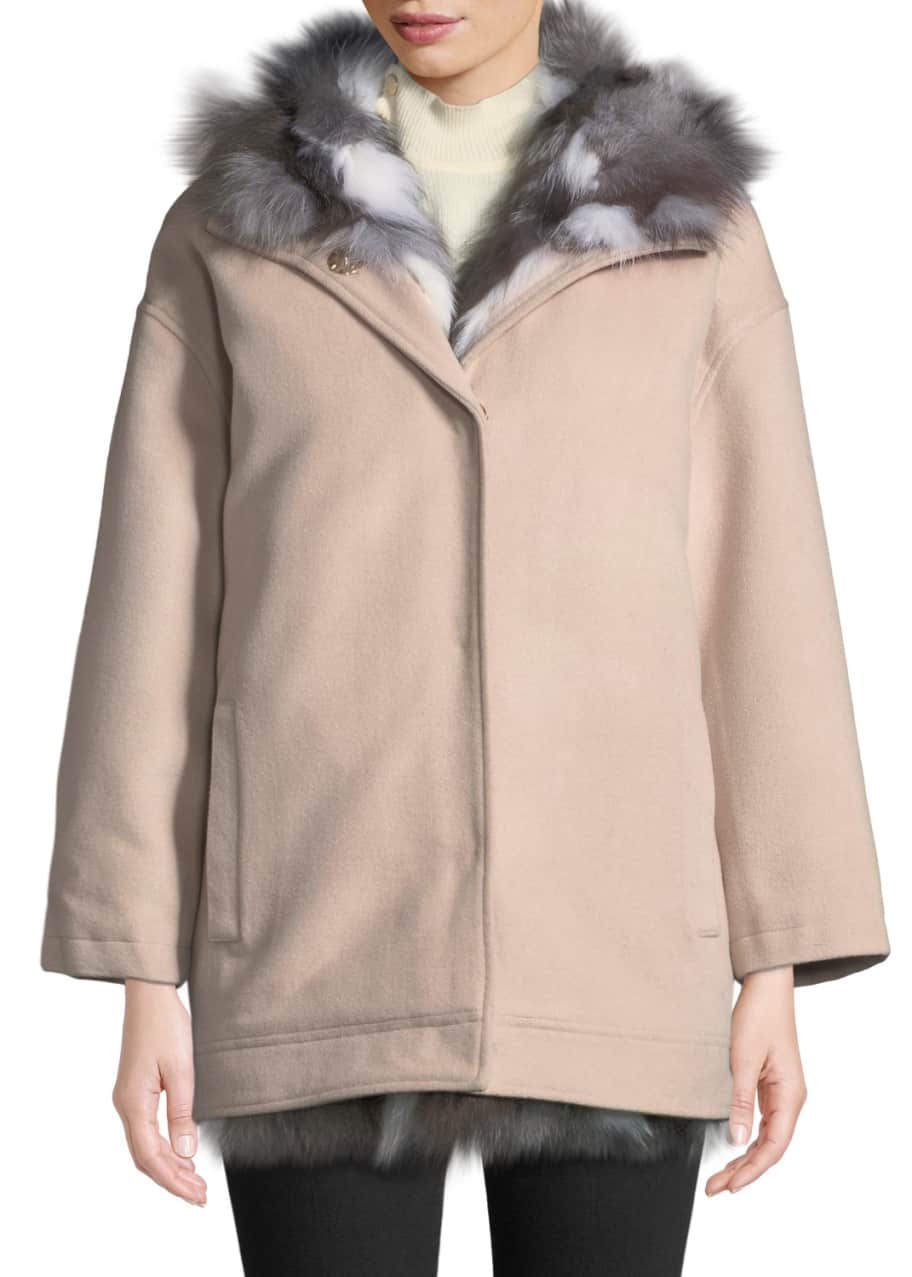 Image 1 of 1: Detachable Fur-Lined Hooded Wool Jacket