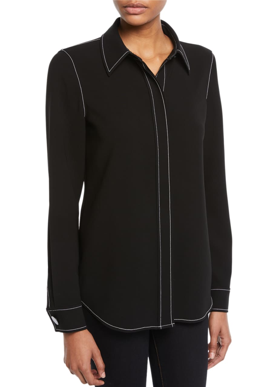 Lafayette 148 New York Olga Finesse Crepe Blouse with Topstitch Detail