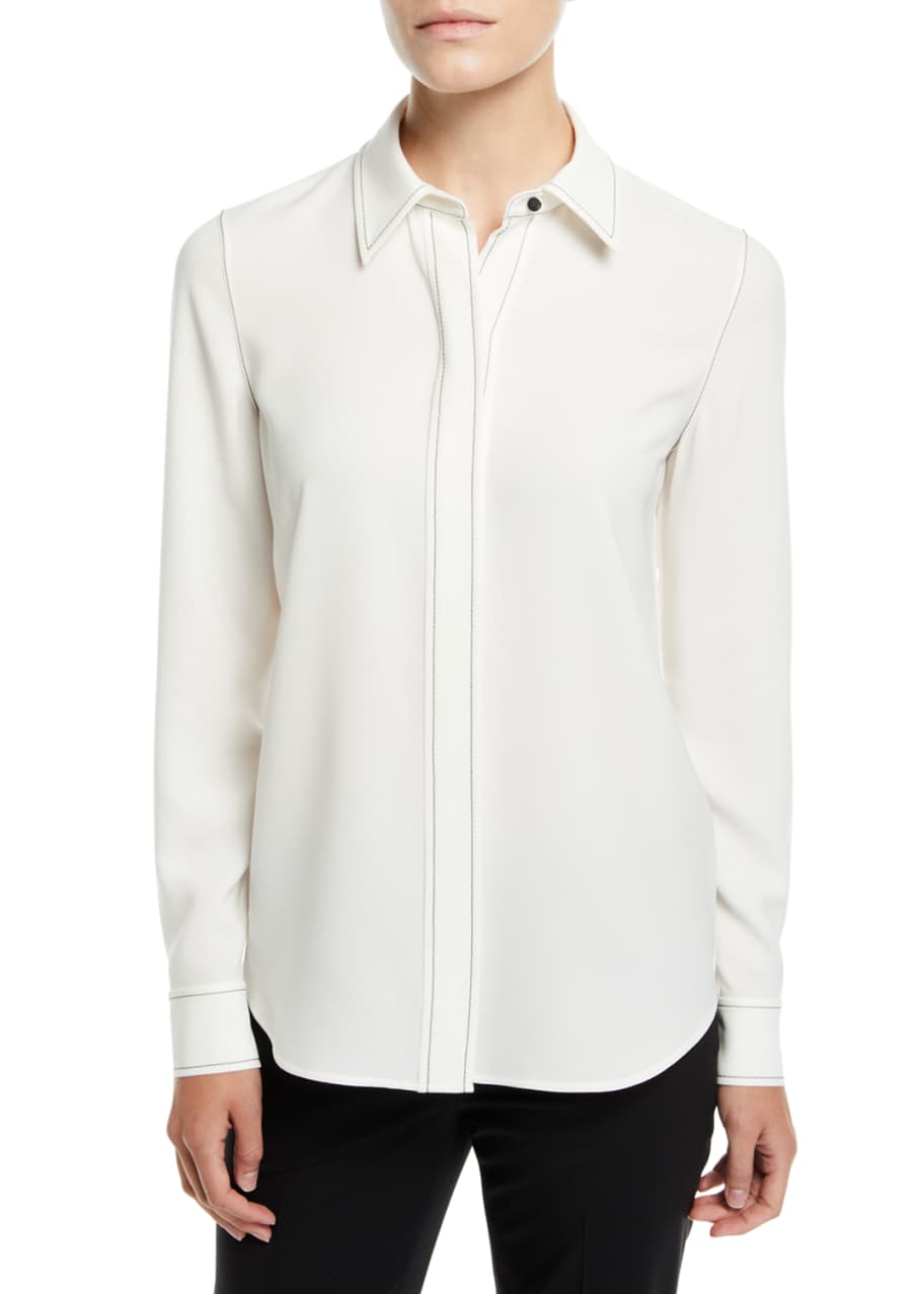 Lafayette 148 New York Olga Finesse Crepe Blouse with Topstitch Detail