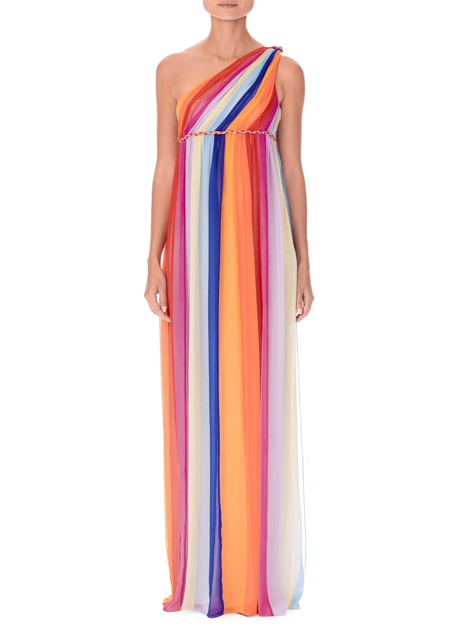 Image 1 of 1: One-Shoulder Multicolor Tulle Evening Gown w/ Train