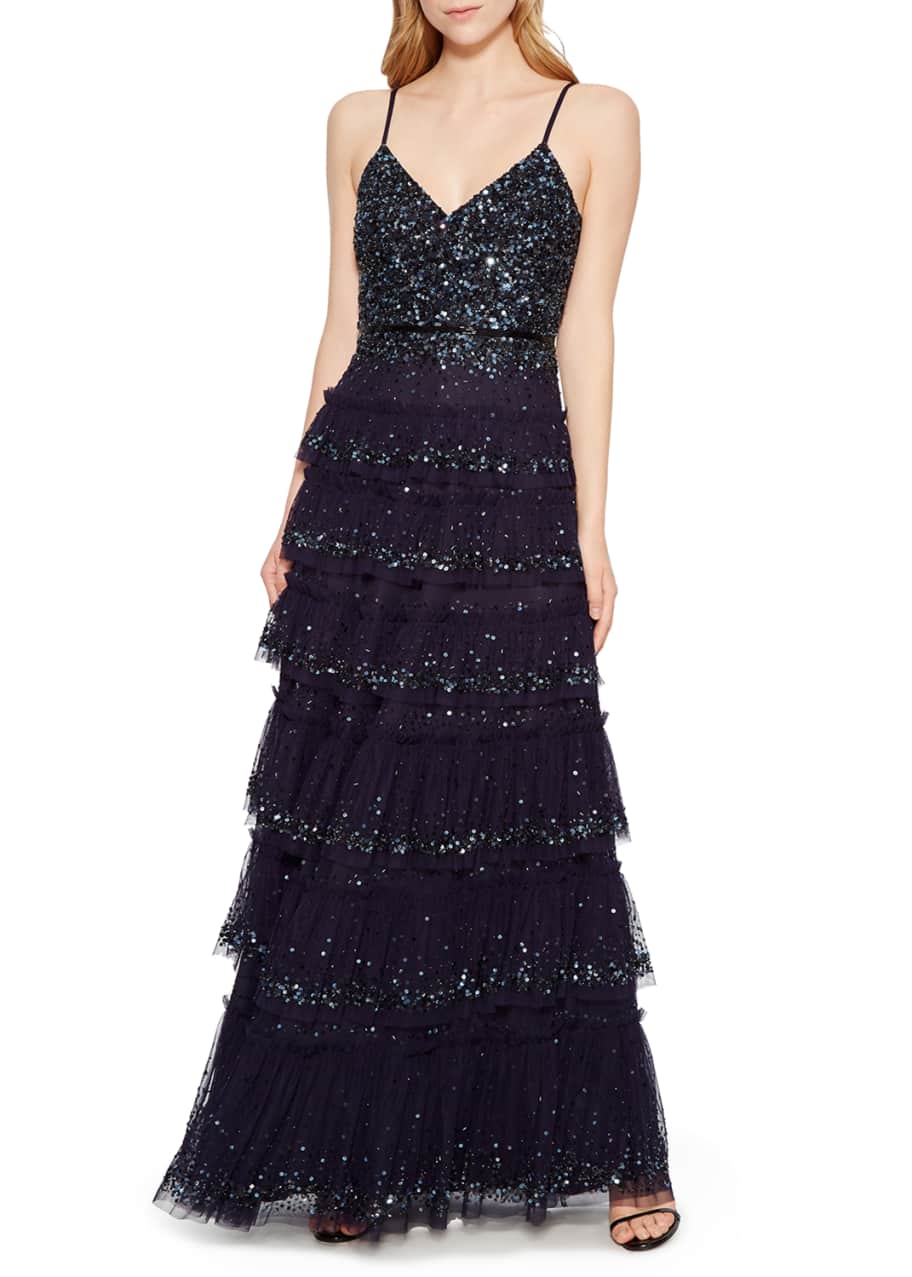 Parker Black Miranda Tiered Sequin Tulle Formal Gown Dress