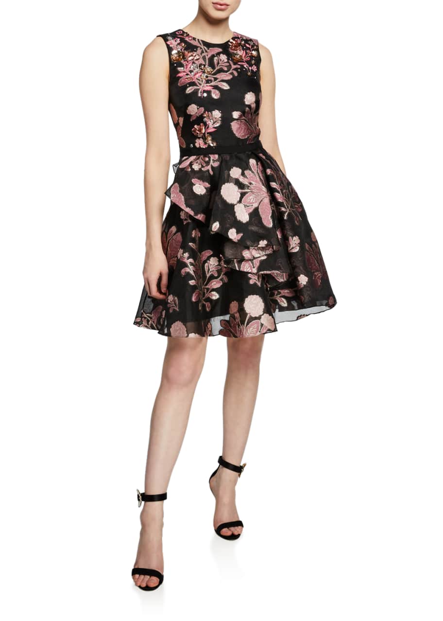 Marchesa Notte Metallic Floral-Embroidered Sleeveless Cocktail Dress w ...