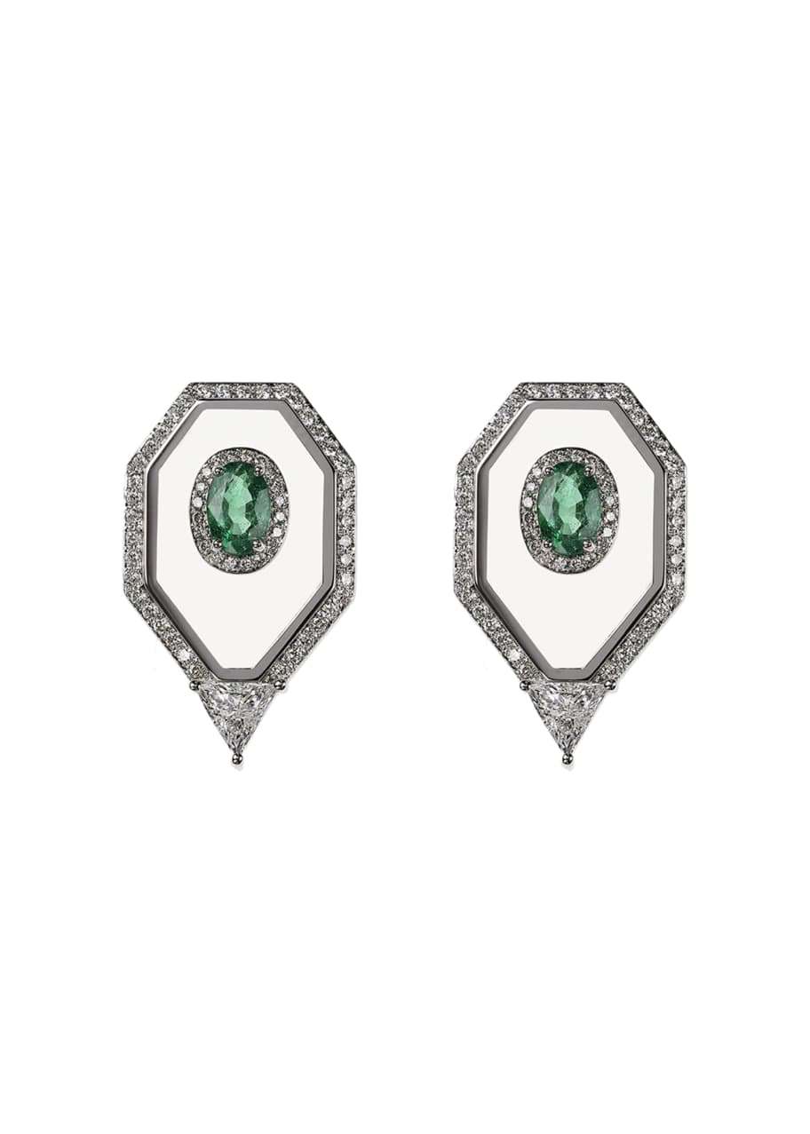 Image 1 of 1: Universe 18k White Gold Emerald Oval, Enamel & Diamond Pave Earrings