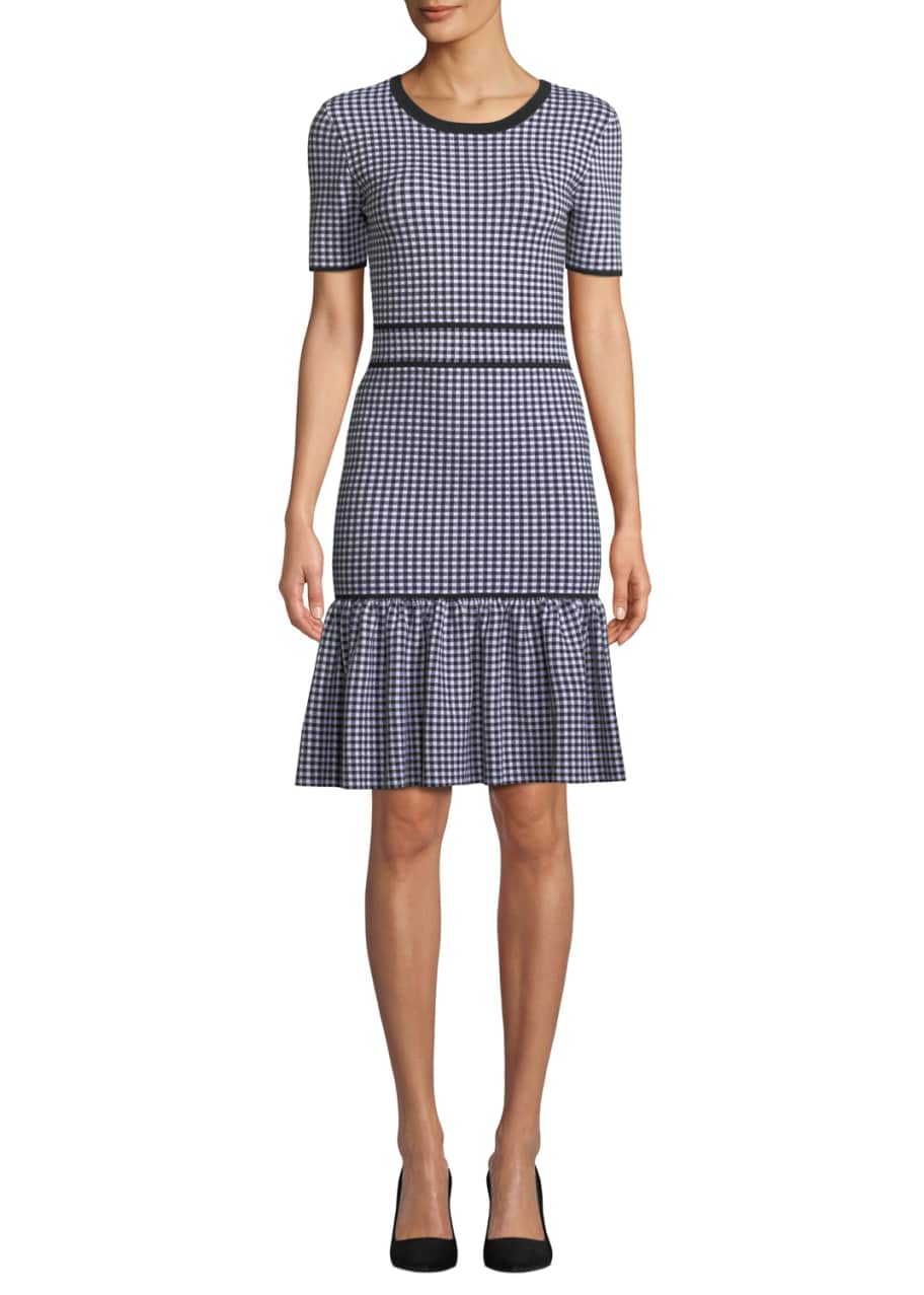 Michael Kors Collection Crewneck Short Sleeve Gingham Check Dress