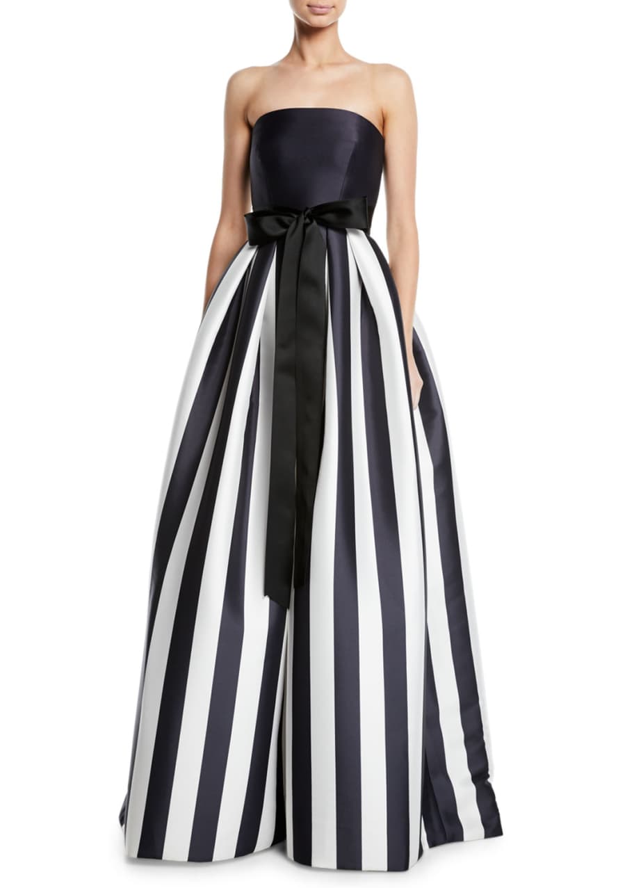 Monique Lhuillier Striped Mikado Bow-Waist Strapless Ball Gown with ...