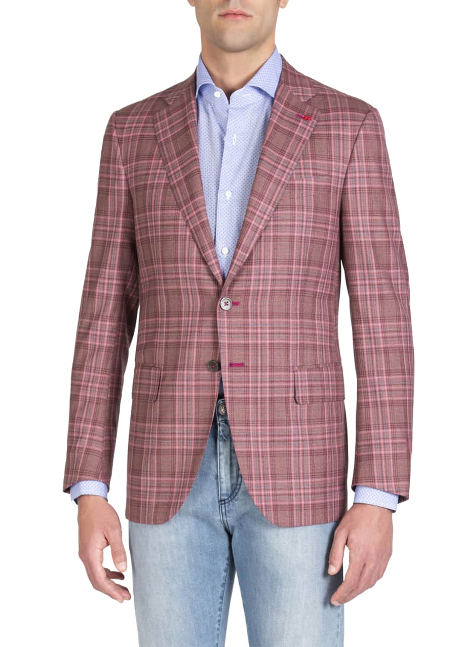 Isaia Men's Berry Plaid Blazer Bergdorf Goodman