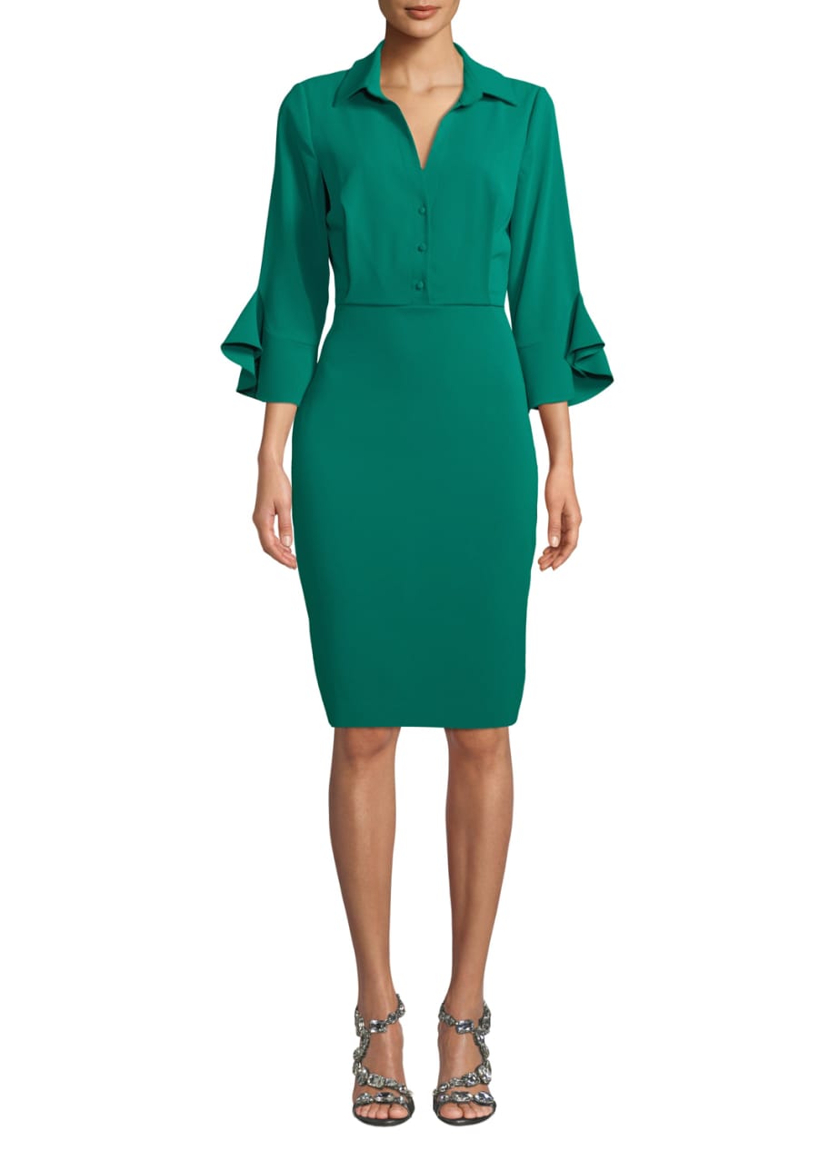 Image 1 of 1: Collared Trumpet-Sleeve Dress