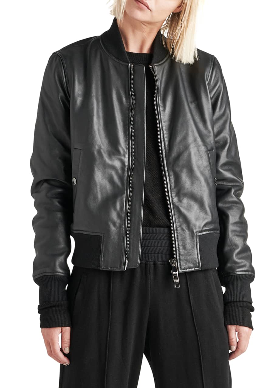Image 1 of 1: Zip-Front Leather Bomber Jacket