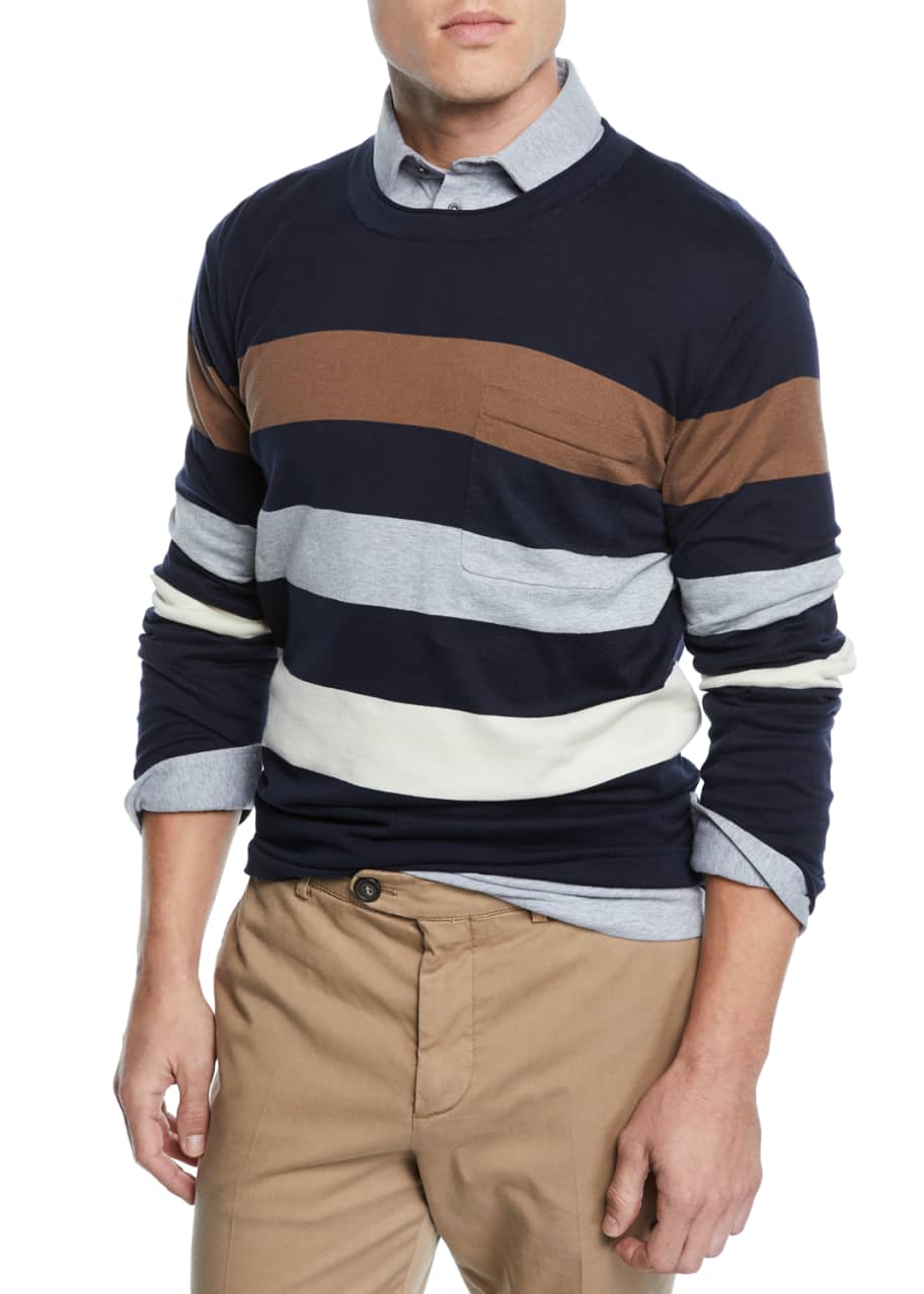Brunello Cucinelli Men's Tricolor Stripe Cotton Sweater - Bergdorf Goodman