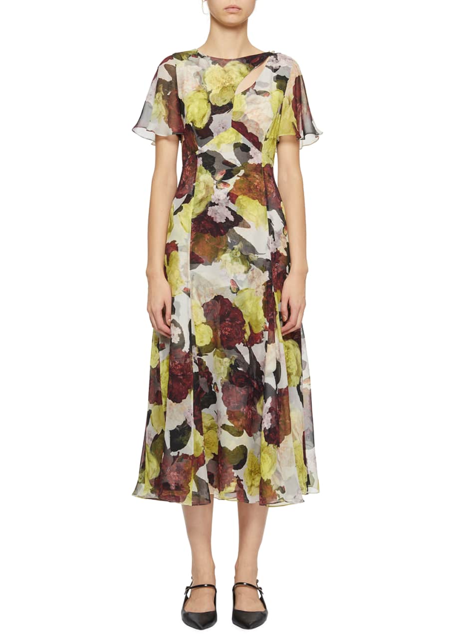 Image 1 of 1: Flutter-Sleeve Floral Silk Cutout Midi Dress