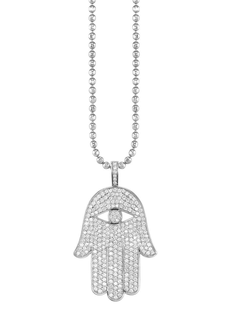 Image 1 of 1: 14k White Gold Extra-Large Hamsa Diamond Charm Necklace