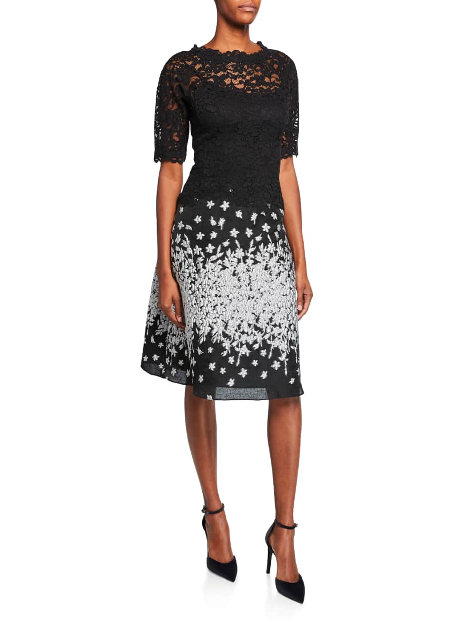 Rickie Freeman for Teri Jon ElbowSleeve Cocktail Dress with Lace Top